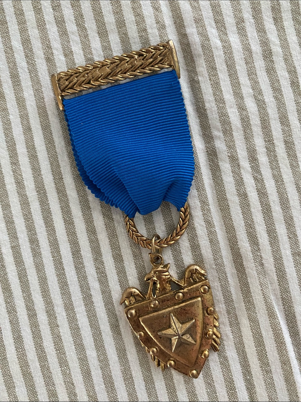 Vintage 80s Blue and Gold Shield Medal Pendant Pin Brooch